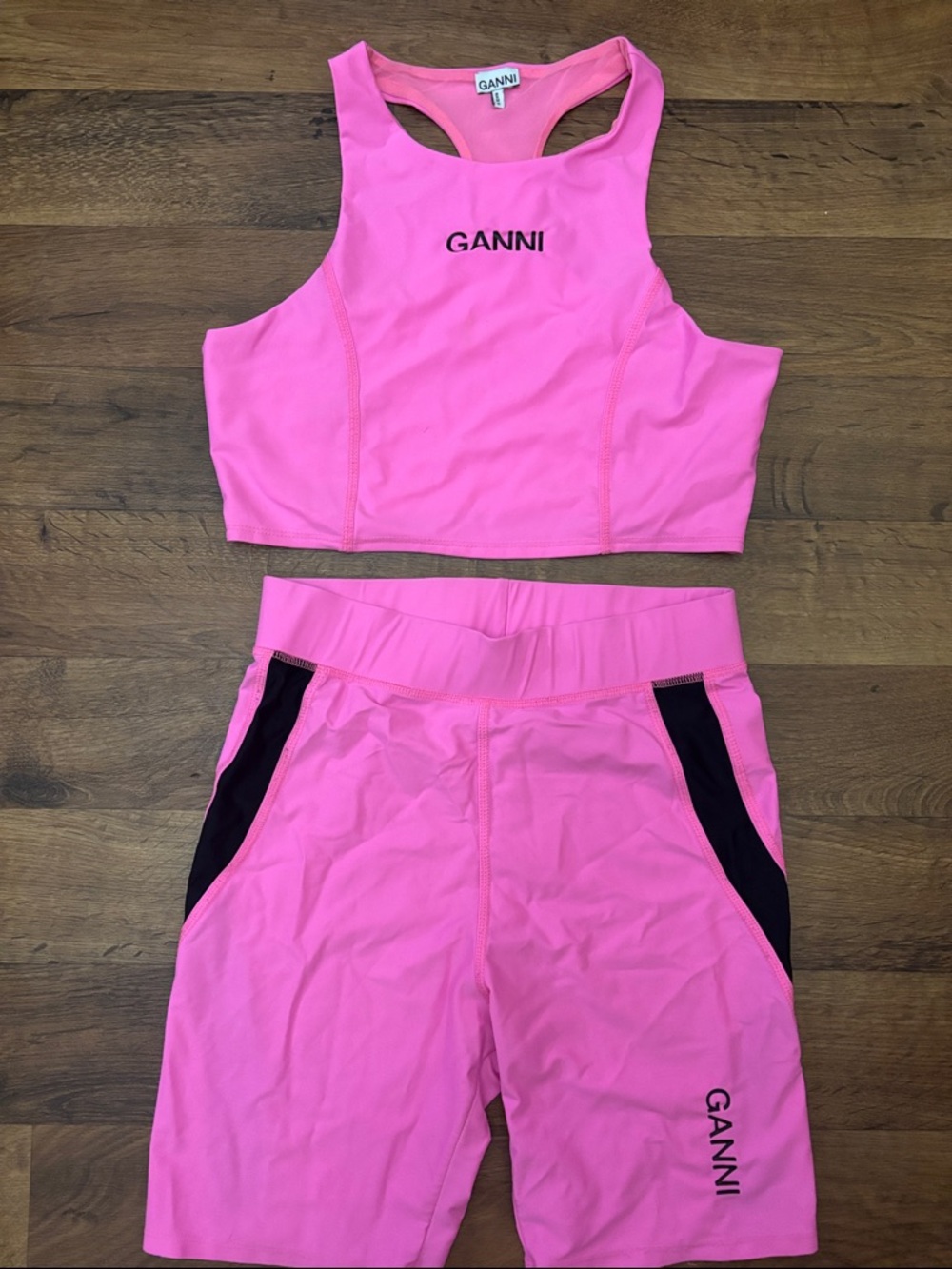 Ganni Hot Pink Racerback Crop Top & Bike Shorts Set